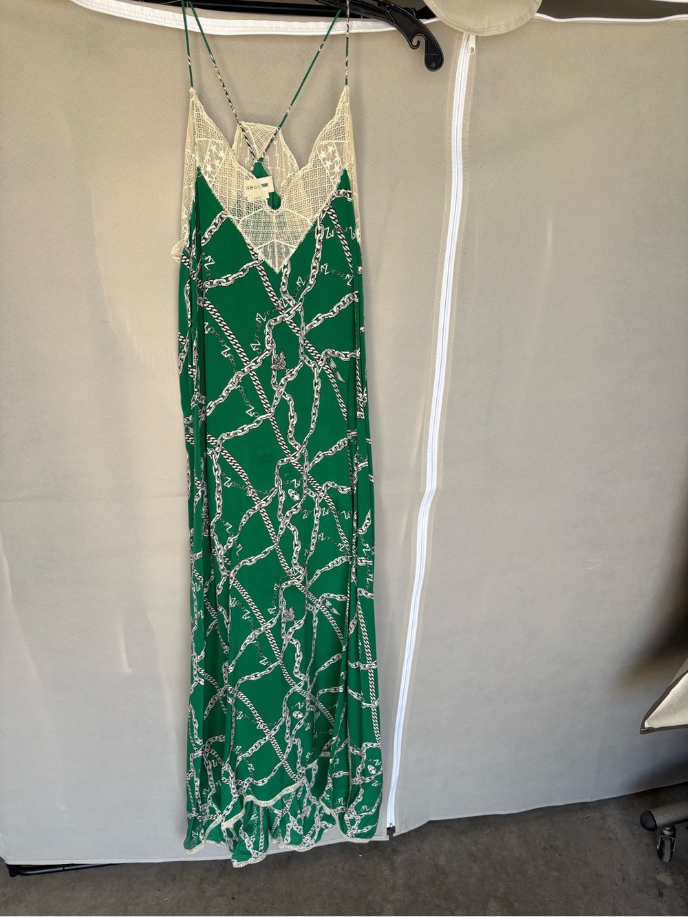 ZADIG & VOLTAIRE Women's Green MIDI  Chain-Print Slip Dress with Lace Trim